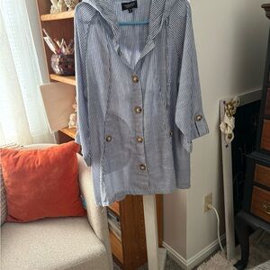 Striped Blue Cape Jacket with Button Accents